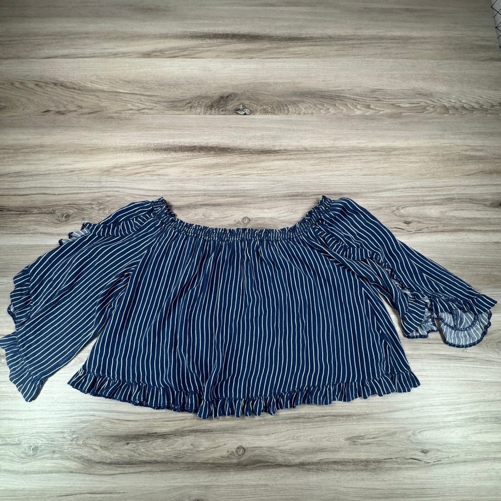 American Eagle Navy Blue White Striped‎ Off Shoulder Ruffle Bell Sleeve Top L
